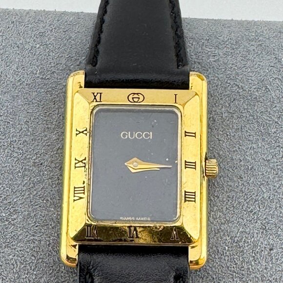 Vintage Super Thin Gucci Gold Watch New Black Leather Strap - Picture 1 of 8